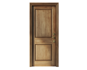 A tall, elegant wooden door with a stylish panel design, a polished brass handle, and a natural wood grain texture,