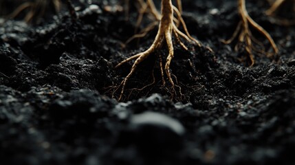 Young plant roots in dark soil, growth, background blurred