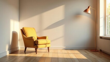 Serene Minimalist Interior Sunlight Illuminates a Mustard Yellow Armchair in a Room with Hardwood Floors and a Floor Lamp