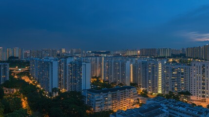 Twilight cityscape aerial view, high-rise apartments, city lights, urban development, Asia