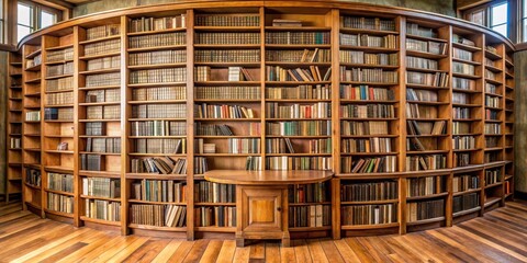 Fototapeta premium Old wooden round bookshelf with books and papers scattered around it in a public library, papers, shelves, papers, shelves