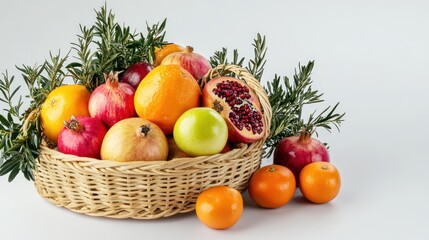 Festive fruit basket, pomegranates, oranges, rosemary, studio, holiday
