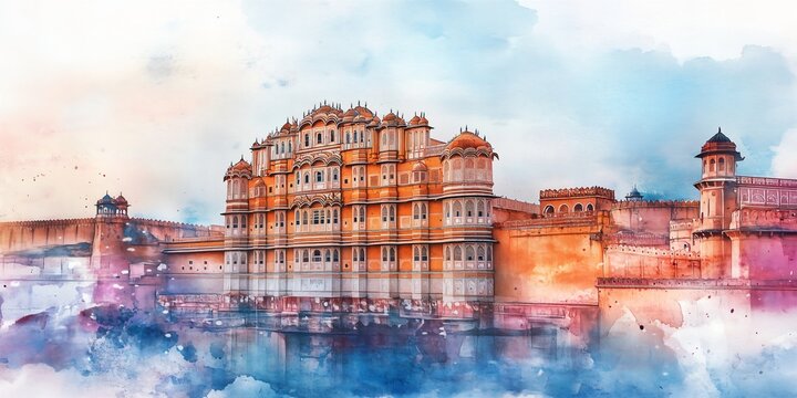 Watercolor illustration of the hawa mahal palace.