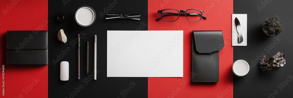 Fototapete modern workspace layout featuring black and red colors with stationery and decorative items. generat