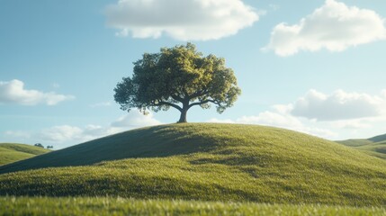 Obraz premium Lone tree hilltop, sunny meadow, idyllic landscape, nature serenity