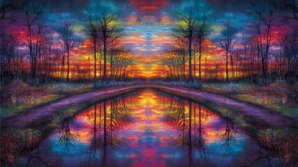 Vibrant Sunset Landscape with Colorful Reflections in Still Water