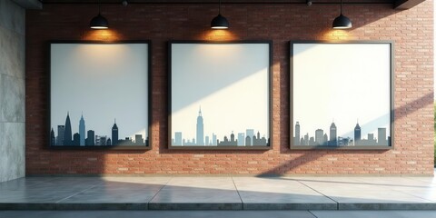 Modern gallery wall with cityscape artwork, illuminated by pendant lights, showcasing a sleek urban aesthetic in a contemporary space