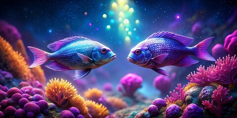Obraz premium Enchanted Underwater Scene Two Vibrant Fish Meet Amidst a Lush Coral Reef in a Dreamlike Setting