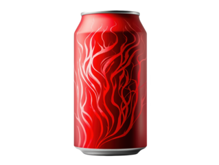 A vibrant red soda can featuring intricate flame-like designs, showcasing a bold and eye-catching appearance.