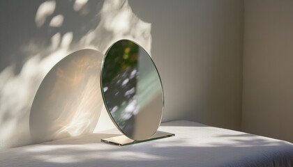 Fototapeta premium Artistic reflection circular mirror display with shadow play in minimalist space
