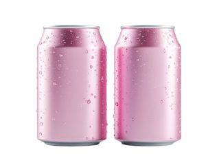 Two pink soda cans with droplets of water on their surface, showcasing a shiny metallic finish.