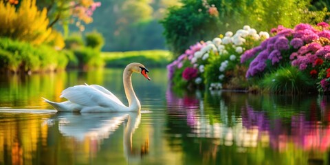 Obraz premium Serene lake scene with a majestic swan gliding effortlessly on the water's surface surrounded by lush greenery and vibrant flowers, environment, lake