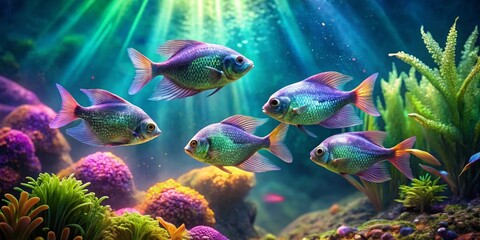 Obraz premium Vibrant iridescent fish gracefully swim amidst a lush underwater paradise, showcasing their vibrant scales and fins against a backdrop of colorful coral and aquatic plants.