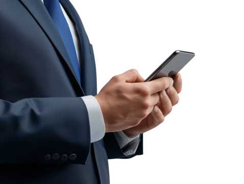 A businessman in a suit using a smartphone, signifying modern communication and professionalism against a black background.