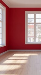 Obraz premium Bright Red Room Interior with Sunlight and Wooden Floor