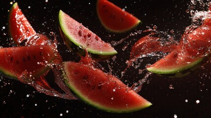 Juicy watermelon slices splashing in dark background, refreshing summer drink ad