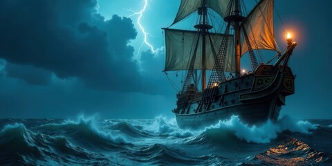 Fototapeta premium A Majestic Sailing Vessel Braving a Treacherous Tempestuous Ocean Under a Dramatic Nightscape