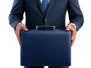 A businessman in a suit holds a textured blue briefcase, showcasing a professional and polished appearance.