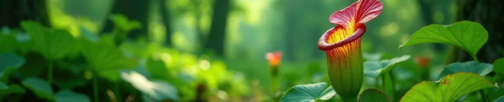 Carnivorous pitcher plant in a lush green forest environment, carnivorous plants, pitcher plants, ecology