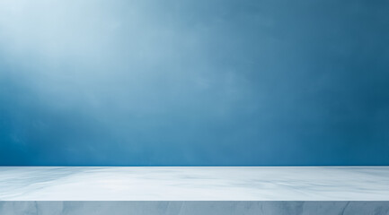 Minimalist blue wall background with a rustic marble countertop for various uses.