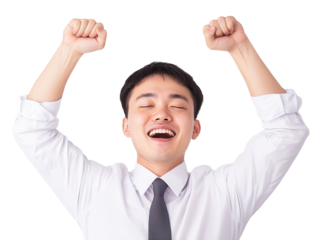 A joyful man in a white shirt and tie raises his arms in celebration, exuding happiness and excitement.