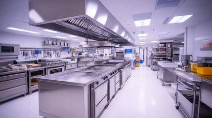 Modern commercial kitchen interior, stainless steel appliances, clean environment, food prep area, restaurant design