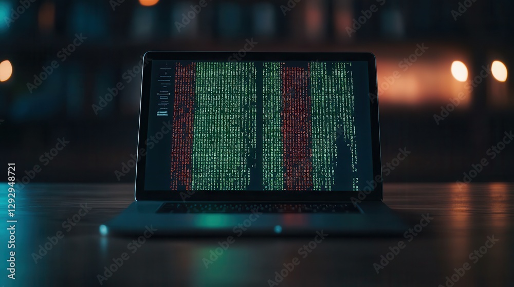 Poster modern laptop displaying colorful code patterns on screen in a dark and ambient environment