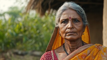 Elderly Indian woman village portrait, rural background, poverty awareness