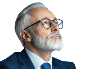 A distinguished older man in formal attire gazes upward, showcasing a thoughtful expression against a dark background.