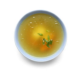 Bowl of tasty vegetable broth on white background