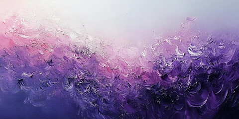 Fototapeta premium Abstract ombre oil painting with thick impasto texture featuring vibrant purple and orange floral explosion on a white background, blending warm and cool tones seamlessly