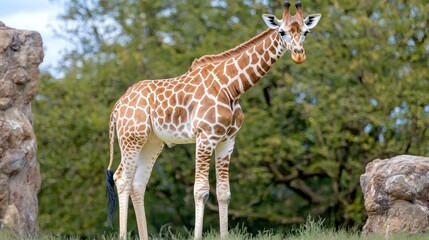 Obraz premium Giraffe in a zoo enclosure with rocks and trees. Possible use Wildlife photography