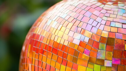 Obraz premium Outdoor iridescent disco ball close-up, garden bokeh background, party decor