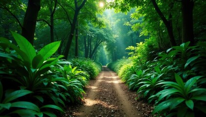 Fototapeta premium Dense jungle foliage surrounds a winding dirt path, trail, nature