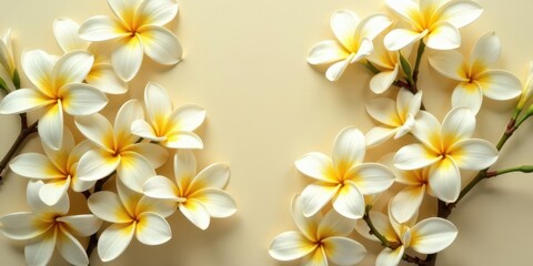 Delicate white blossoms with yellow centers arranged symmetrically on a pale yellow background, creating a serene and elegant floral composition.