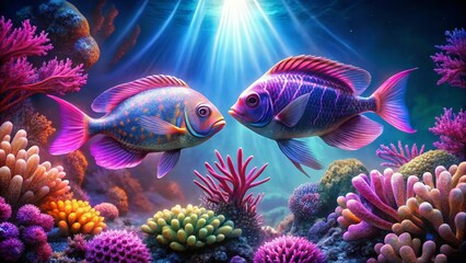 Obraz premium Enchanted Underwater Realm Two Vibrant Fish Face Each Other Amidst a Lush Coral Reef, Bathed in Sunlit Waters