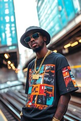 Stylish Urbanite in Retro Hip-Hop Inspired Streetwear Posing in Subway Station Amid Vibrant