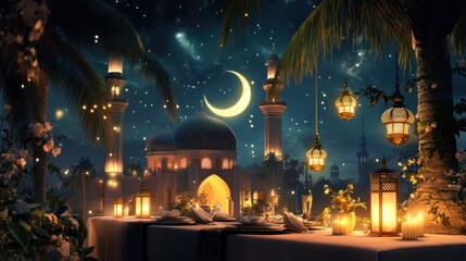 Festive Ramadan dinner, mosque, night, stars, lanterns, palm trees