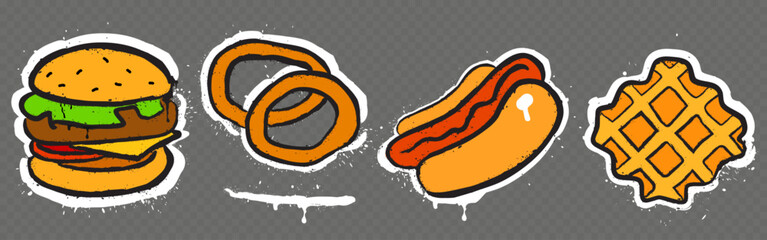 Graffiti style fast food set with burger, onion rings, hot dog and waffle. Cartoon street art elements with white outline and spray paint texture for menu design, urban cafe branding or gaming assets.