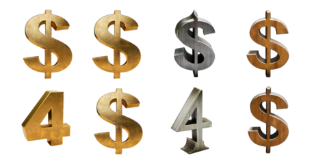 Metallic Dollar Signs with Numbers Four in Various Styles and Colors, isolated on transparent background