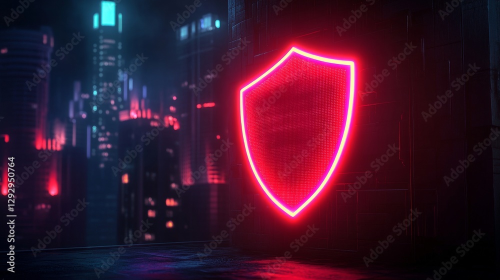 Aufkleber cyberpunk cityscape with neon red shield glowing on futuristic building wall at night. digital prote