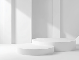 Minimalistic white podiums in a bright room create a modern, clean aesthetic.