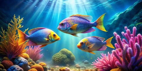 Obraz premium Vibrant Reef Fish Gracefully Swimming Amidst Lush Coral and Sunlit Waters