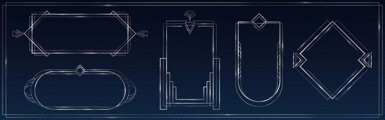 Great Gatsby art deco style frame set with silver outlines. Elegant geometric borders of different ornamental shapes. Luxury vintage metallic elements for wedding invitations or premium packaging. © klyaksun