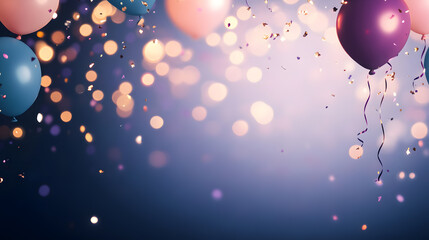 A mesmerizing night-time celebration background with glowing fairy lights interwoven with deep blue and purple balloons. Metallic confetti floats gently, reflecting the warm light, adding a magical