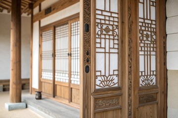 Minimalistic photo of a traditional Korean hanok door, extreme close-up focusing on wooden latticework and delicate paper panels, softly blurred background.