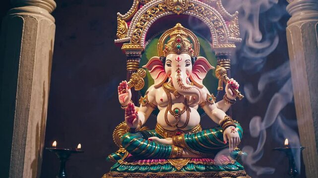 A frontal view of a colorful Ganesha statue, surrounded by incense smoke, creating a serene and spiritual atmosphere, ideal for a cultural video.