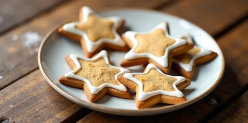 Fototapeta premium Gingerbread star cookies decorated with white glaze on a plate, glaze, sweet