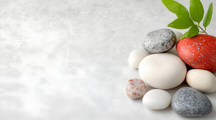 Smooth stones and leaves on grey background, spa concept