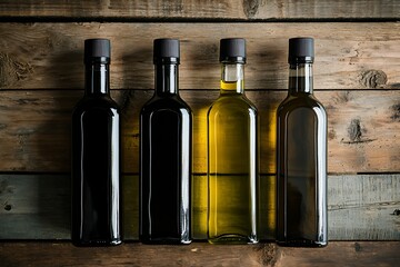 Naklejka premium Variety of Cooking Oils in Glass Bottles on Wooden Background